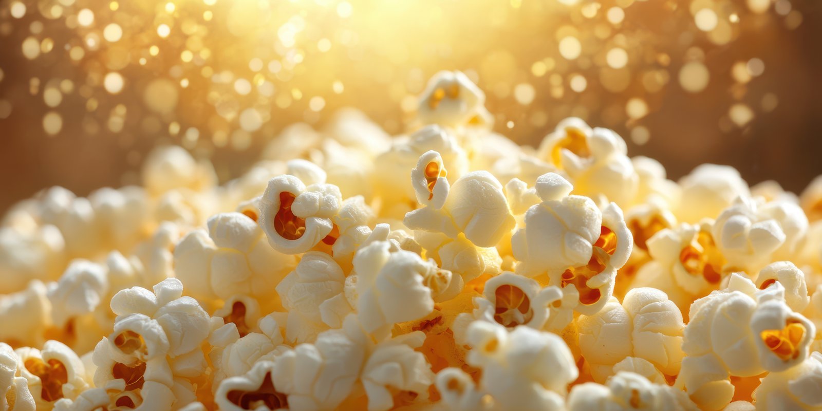 Fresh popcorn glistening with a buttery sheen in a warm, inviting atmosphere with sparks in the background